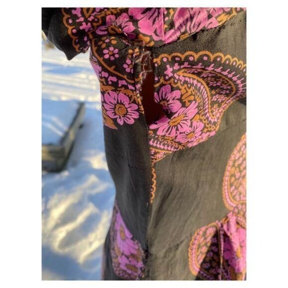 60s Cotton Day Dress Midi Groovy Floral Paisley Print Black Pink Yolk Waist - Picture 8 of 16